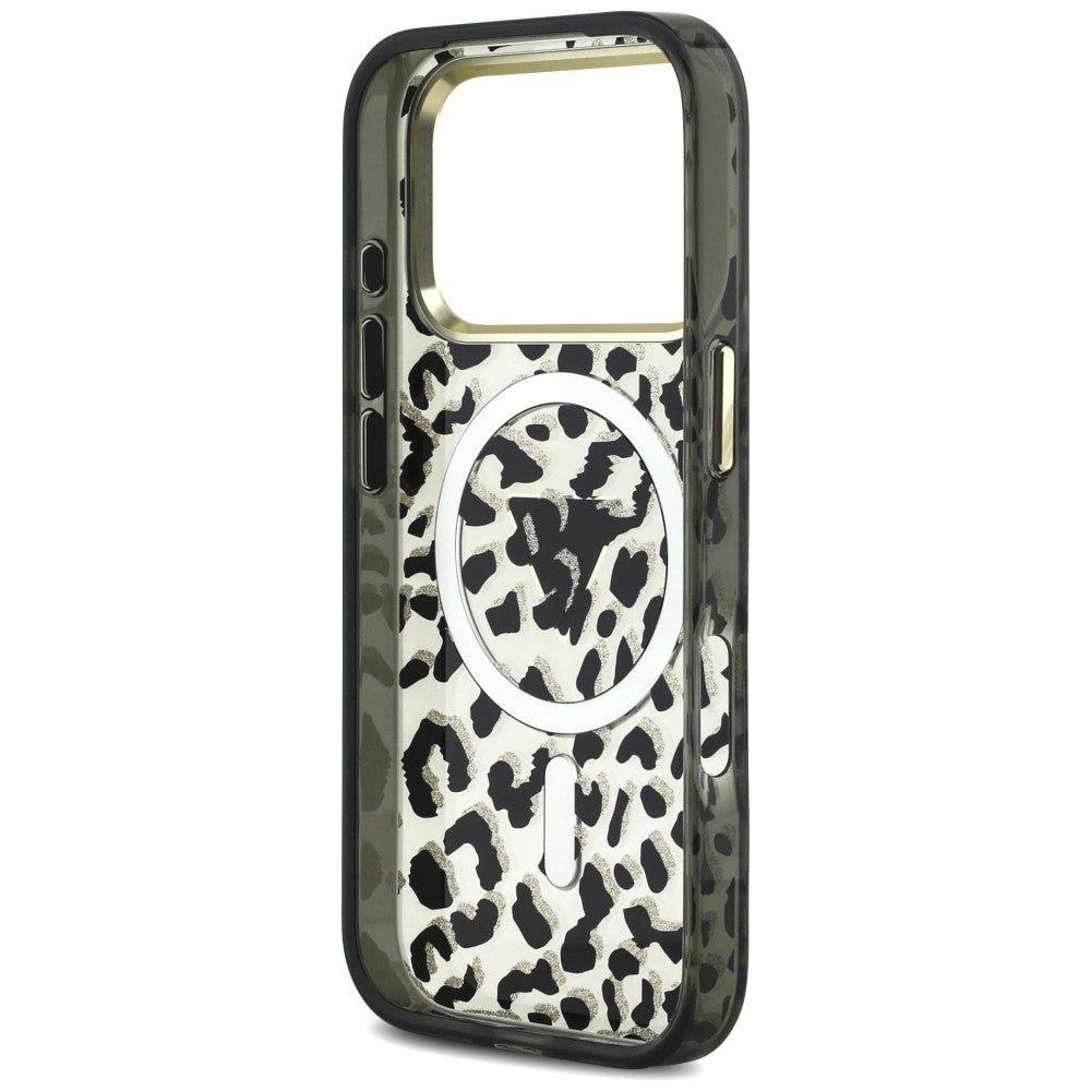 Guess IML Leopard Glitter Triangle Logo MagSafe dėklas iPhone 17 Pro / 18 Pro - Juoda -- iPhone 17 Pro / iPhone 18 Pro