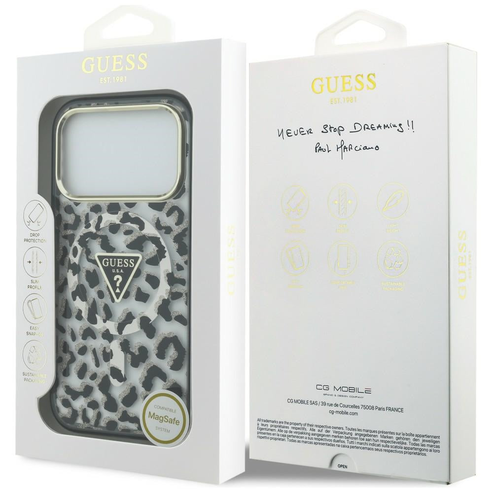 Guess IML Leopard Glitter Triangle Logo MagSafe dėklas iPhone 17 Pro / 18 Pro - Juoda -- iPhone 17 Pro / iPhone 18 Pro
