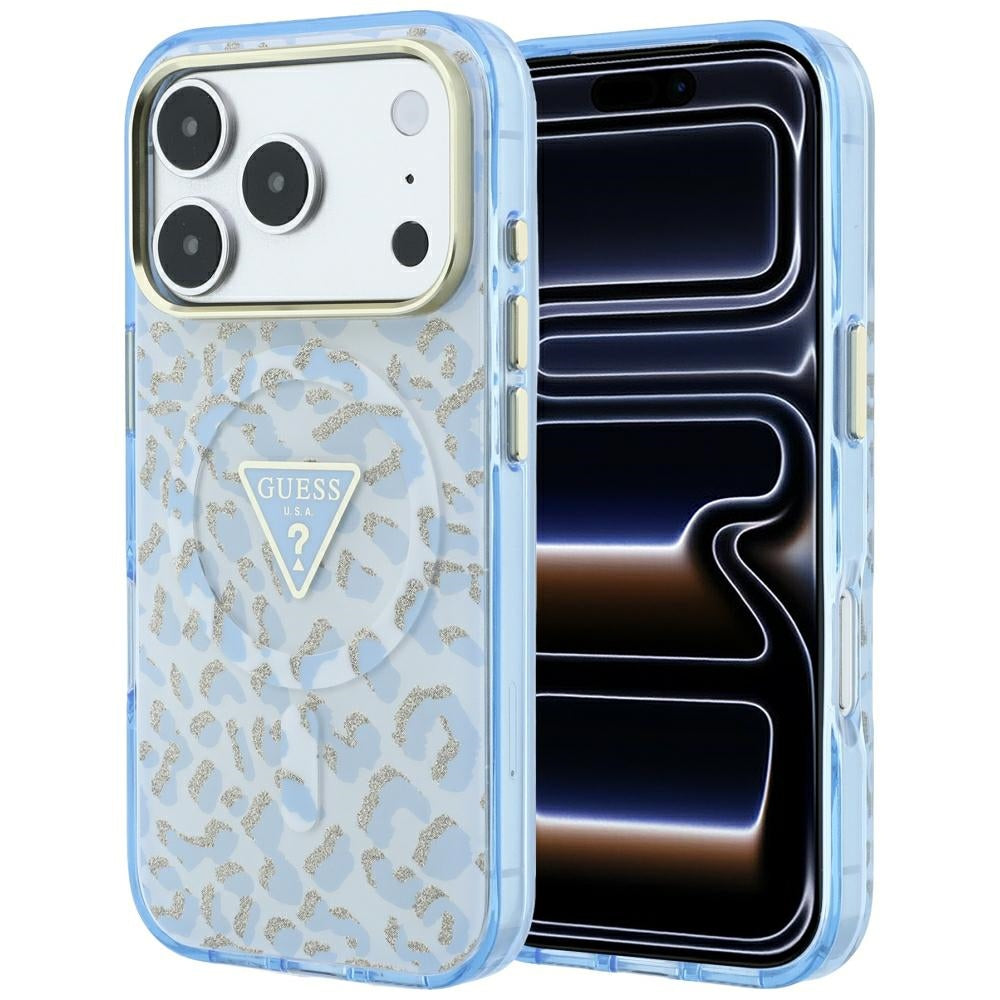 Guess IML Leopard Glitter Triangle Logo MagSafe dėklas iPhone 17 Pro / 18 Pro - Mėlyna -- iPhone 17 Pro / iPhone 18 Pro