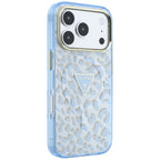 Guess IML Leopard Glitter Triangle Logo MagSafe dėklas iPhone 17 Pro / 18 Pro - Mėlyna -- iPhone 17 Pro / iPhone 18 Pro