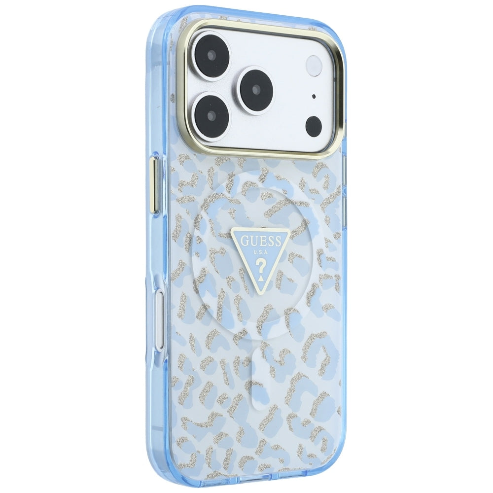 Guess IML Leopard Glitter Triangle Logo MagSafe dėklas iPhone 17 Pro / 18 Pro - Mėlyna -- iPhone 17 Pro / iPhone 18 Pro