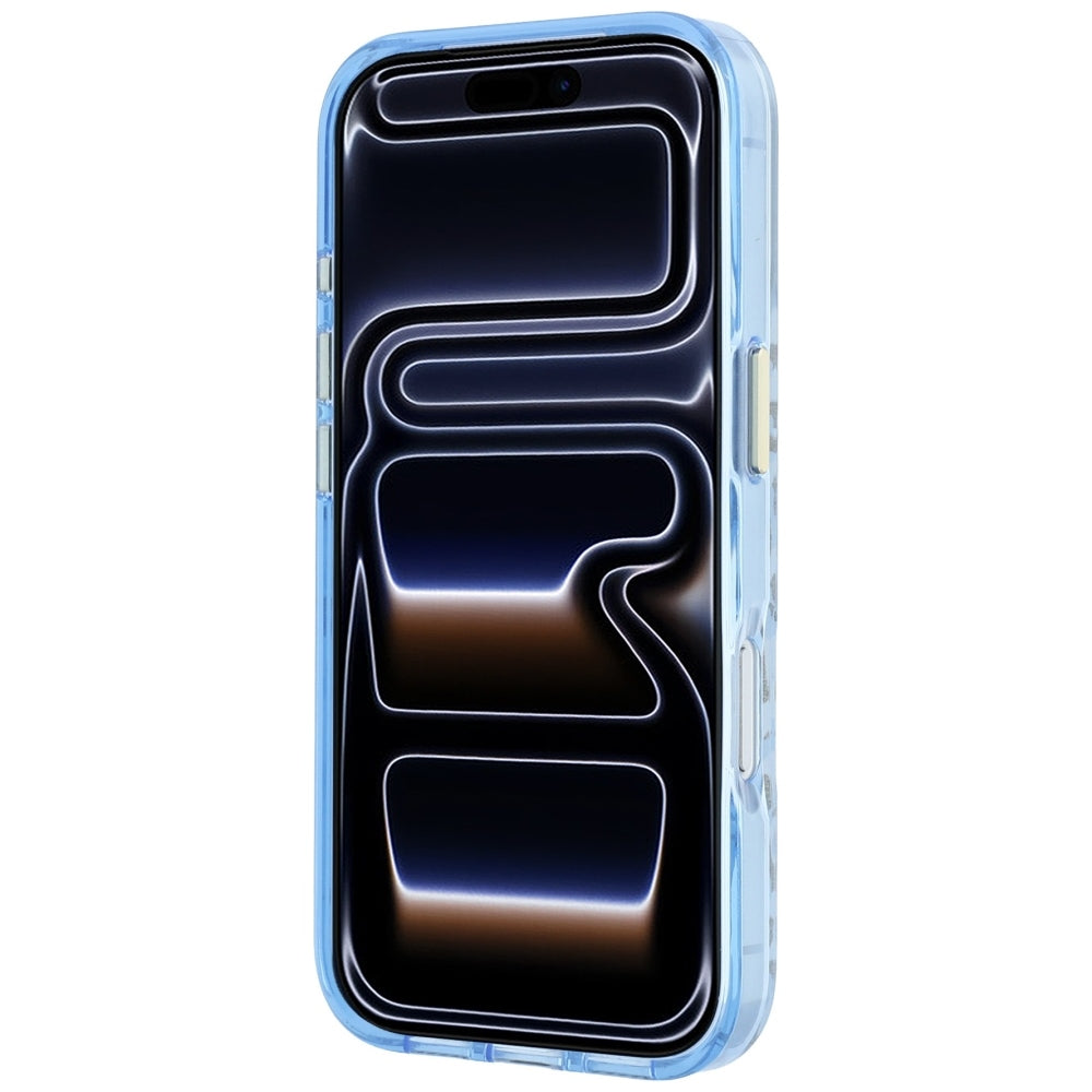 Guess IML Leopard Glitter Triangle Logo MagSafe dėklas iPhone 17 Pro / 18 Pro - Mėlyna -- iPhone 17 Pro / iPhone 18 Pro