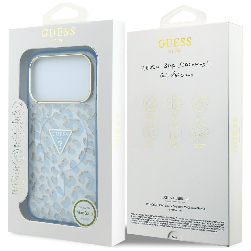 Guess IML Leopard Glitter Triangle Logo MagSafe dėklas iPhone 17 Pro / 18 Pro - Mėlyna -- iPhone 17 Pro / iPhone 18 Pro