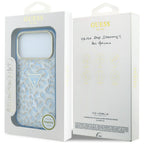 Guess IML Leopard Glitter Triangle Logo MagSafe dėklas iPhone 17 Pro / 18 Pro - Mėlyna -- iPhone 17 Pro / iPhone 18 Pro