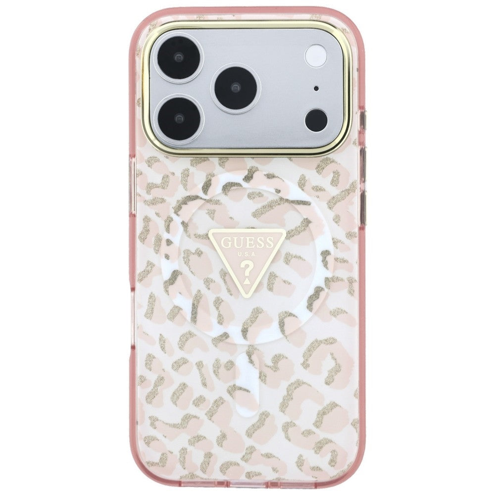 Guess IML Leopard Glitter Triangle Logo MagSafe dėklas iPhone 17 Pro / 18 Pro - Rožinė -- iPhone 17 Pro / iPhone 18 Pro
