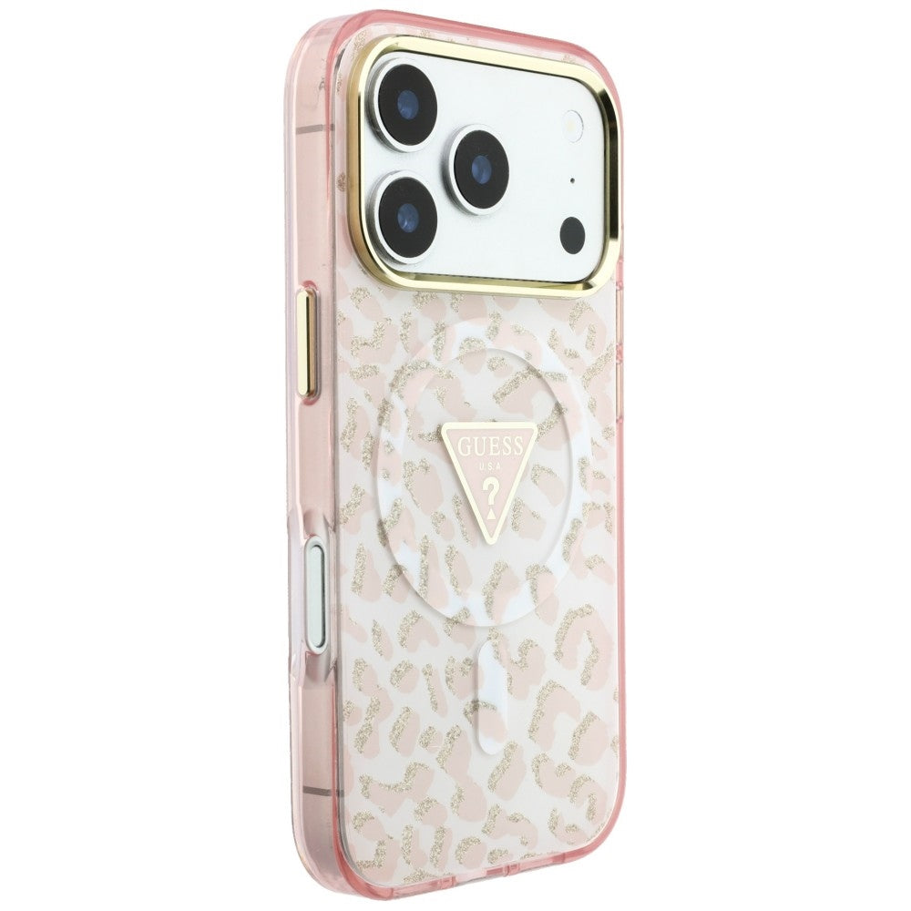 Guess IML Leopard Glitter Triangle Logo MagSafe dėklas iPhone 17 Pro / 18 Pro - Rožinė -- iPhone 17 Pro / iPhone 18 Pro