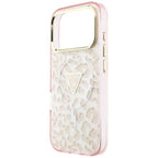 Guess IML Leopard Glitter Triangle Logo MagSafe dėklas iPhone 17 Pro / 18 Pro - Rožinė -- iPhone 17 Pro / iPhone 18 Pro