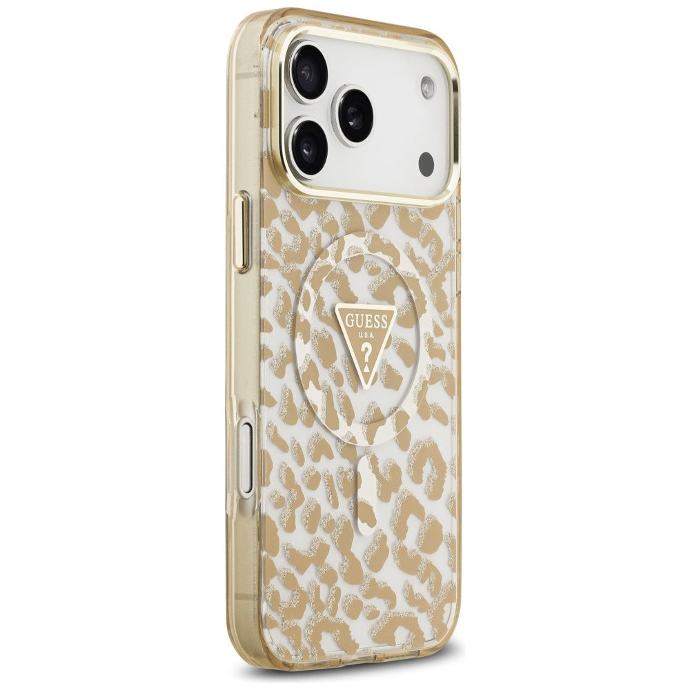 Guess IML Leopard Glitter Triangle Logo MagSafe dėklas iPhone 17 Pro Max / 18 Pro Max - Ruda -- iPhone 17 Pro Max /...