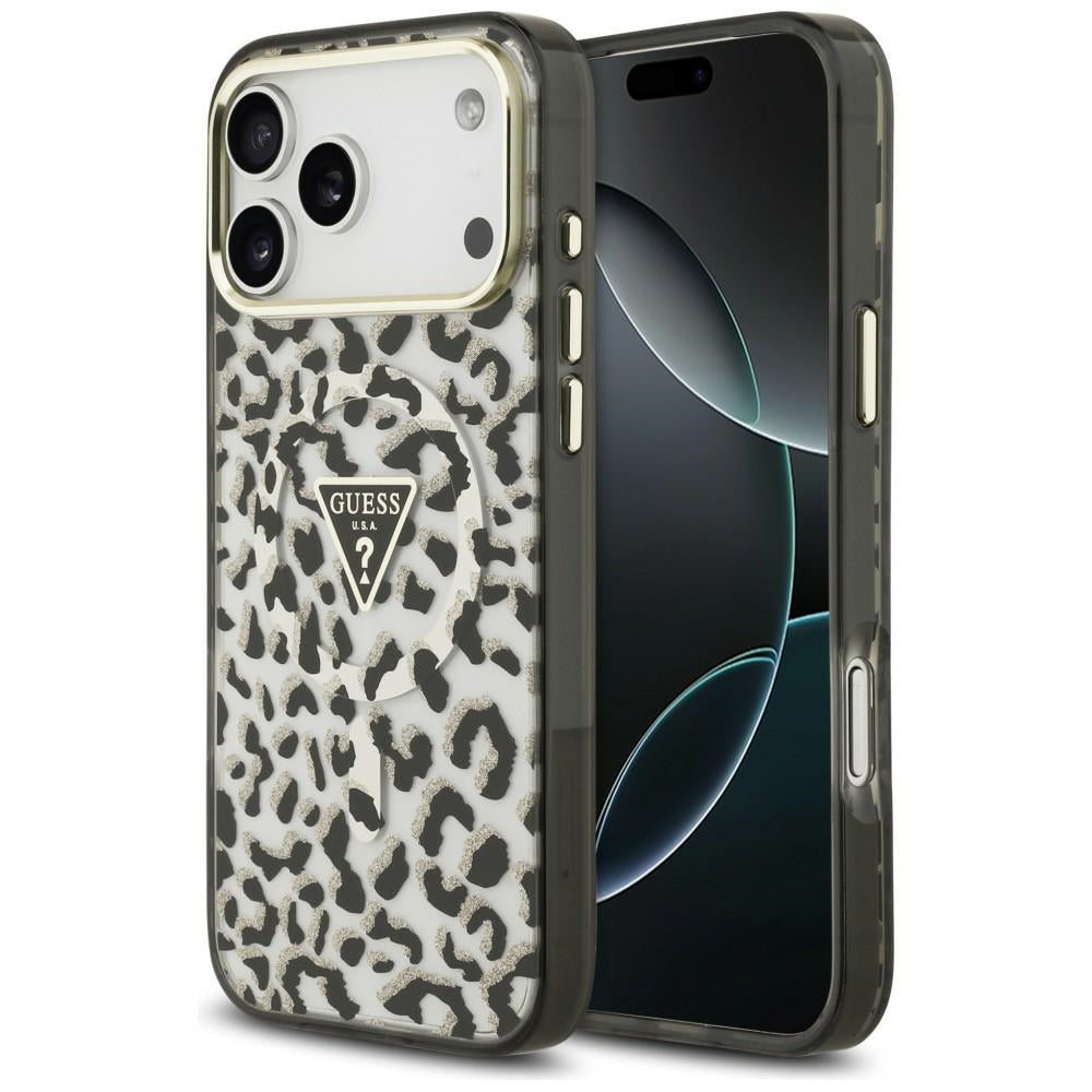 Guess IML Leopard Glitter Triangle Logo MagSafe dėklas iPhone 17 Pro Max / 18 Pro Max - Juoda -- iPhone 17 Pro Max /...