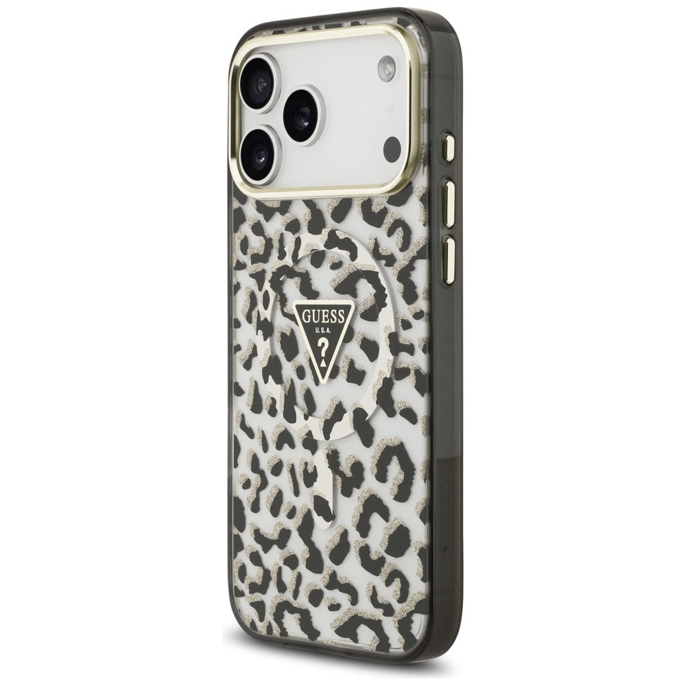 Guess IML Leopard Glitter Triangle Logo MagSafe dėklas iPhone 17 Pro Max / 18 Pro Max - Juoda -- iPhone 17 Pro Max /...