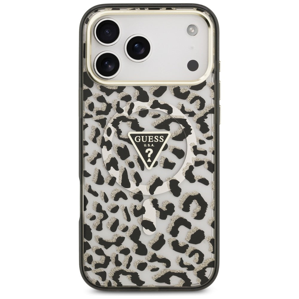Guess IML Leopard Glitter Triangle Logo MagSafe dėklas iPhone 17 Pro Max / 18 Pro Max - Juoda -- iPhone 17 Pro Max /...