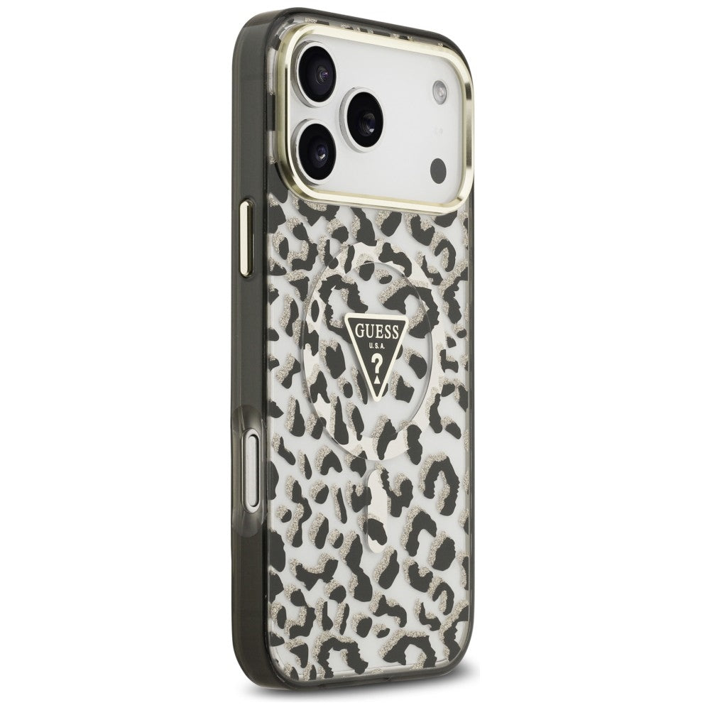 Guess IML Leopard Glitter Triangle Logo MagSafe dėklas iPhone 17 Pro Max / 18 Pro Max - Juoda -- iPhone 17 Pro Max /...