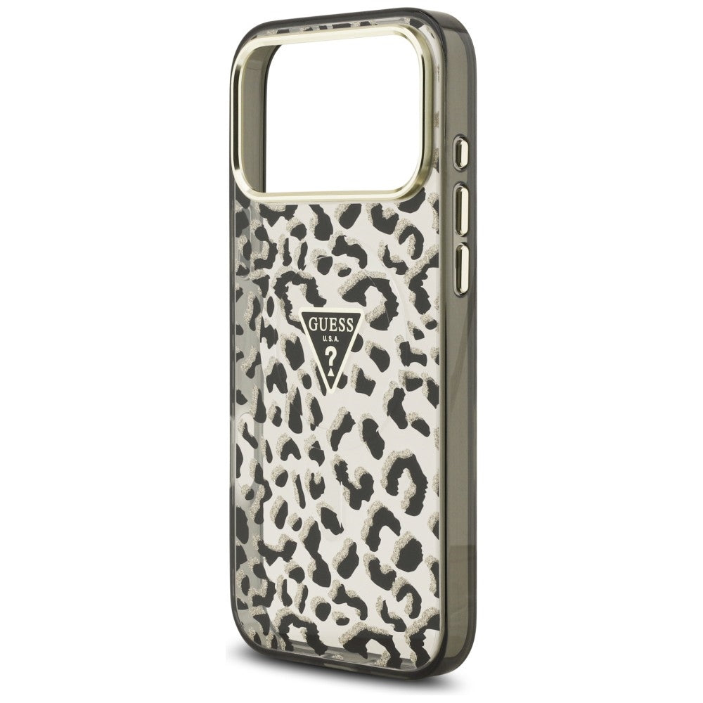 Guess IML Leopard Glitter Triangle Logo MagSafe dėklas iPhone 17 Pro Max / 18 Pro Max - Juoda -- iPhone 17 Pro Max /...