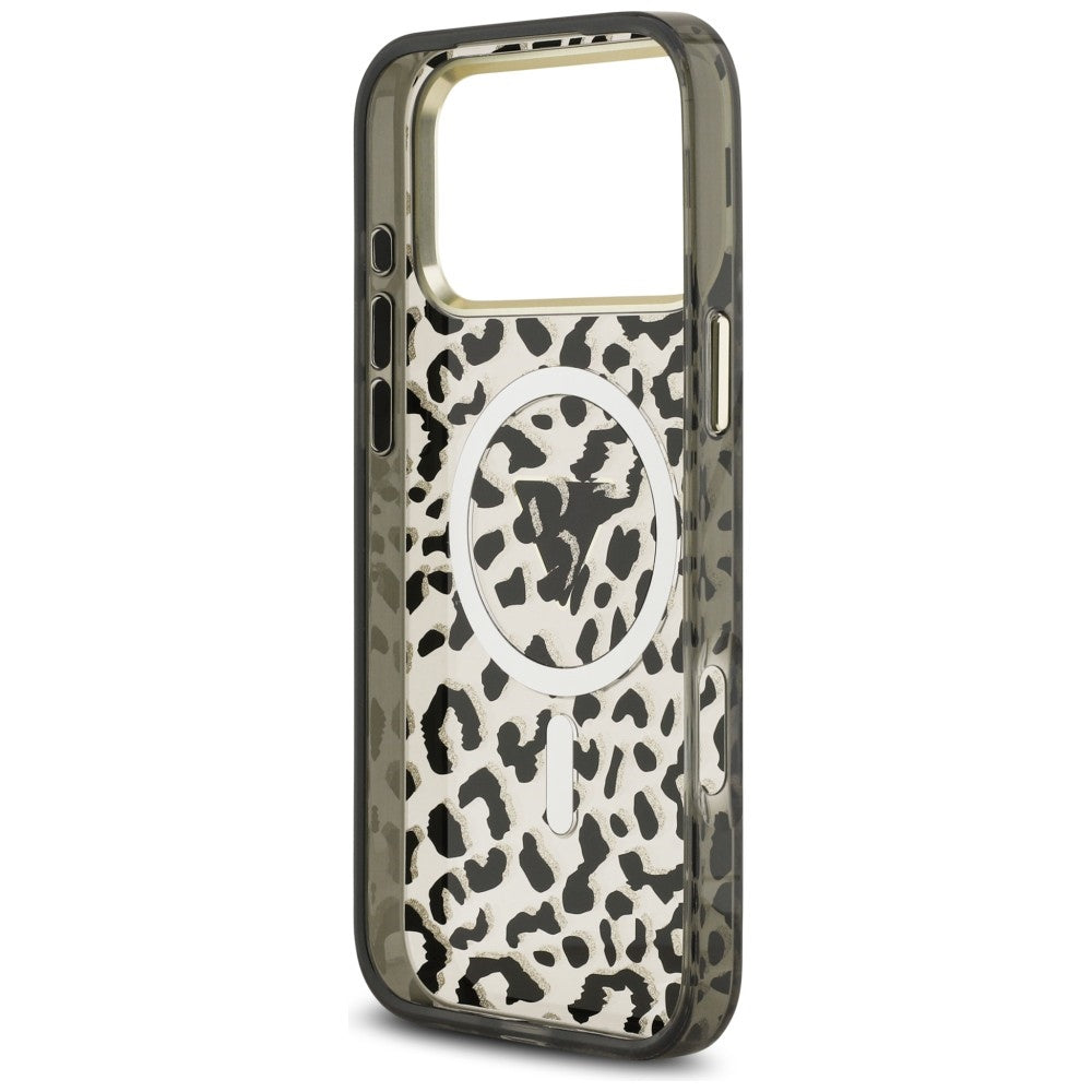 Guess IML Leopard Glitter Triangle Logo MagSafe dėklas iPhone 17 Pro Max / 18 Pro Max - Juoda -- iPhone 17 Pro Max /...