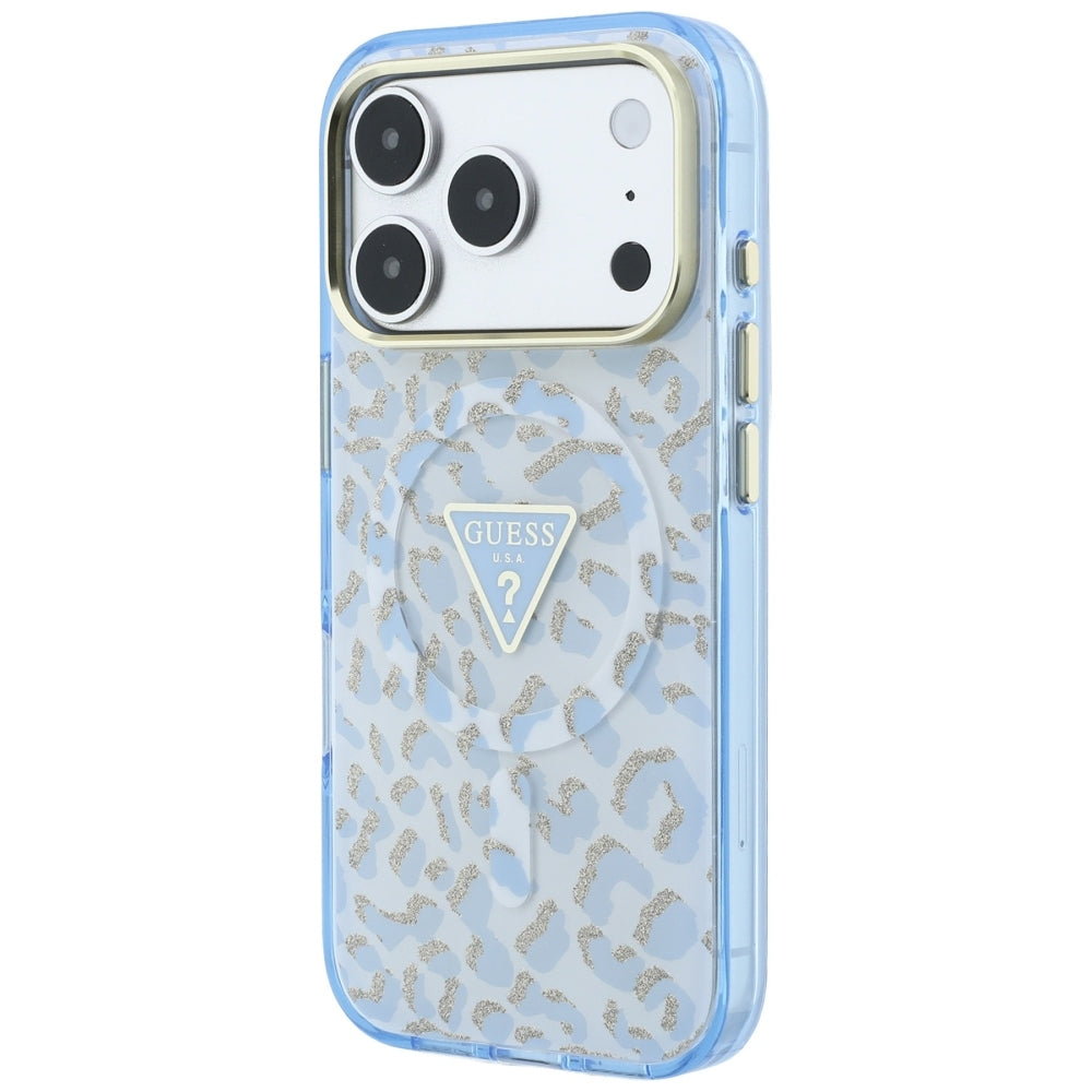 Guess IML Leopard Glitter Triangle Logo MagSafe dėklas iPhone 17 Pro Max / 18 Pro Max - Mėlyna -- iPhone 17 Pro Max /...