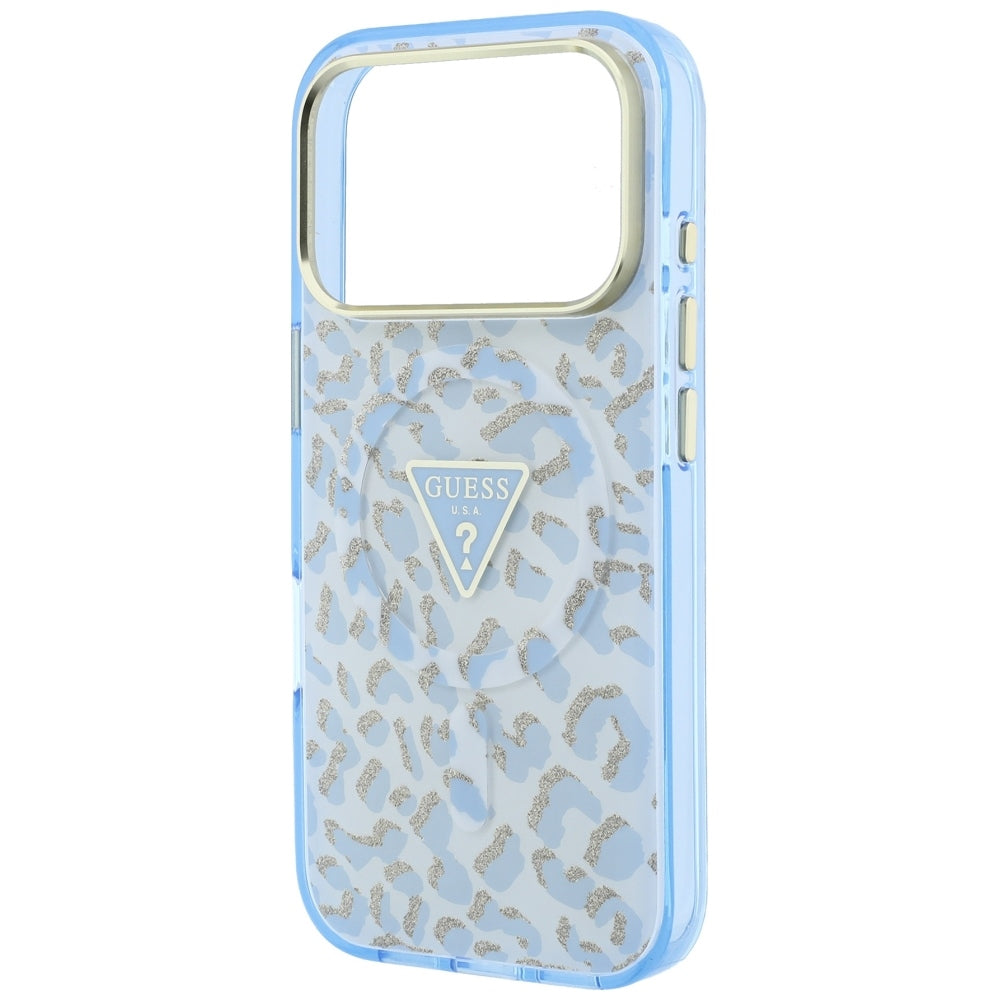 Guess IML Leopard Glitter Triangle Logo MagSafe dėklas iPhone 17 Pro Max / 18 Pro Max - Mėlyna -- iPhone 17 Pro Max /...