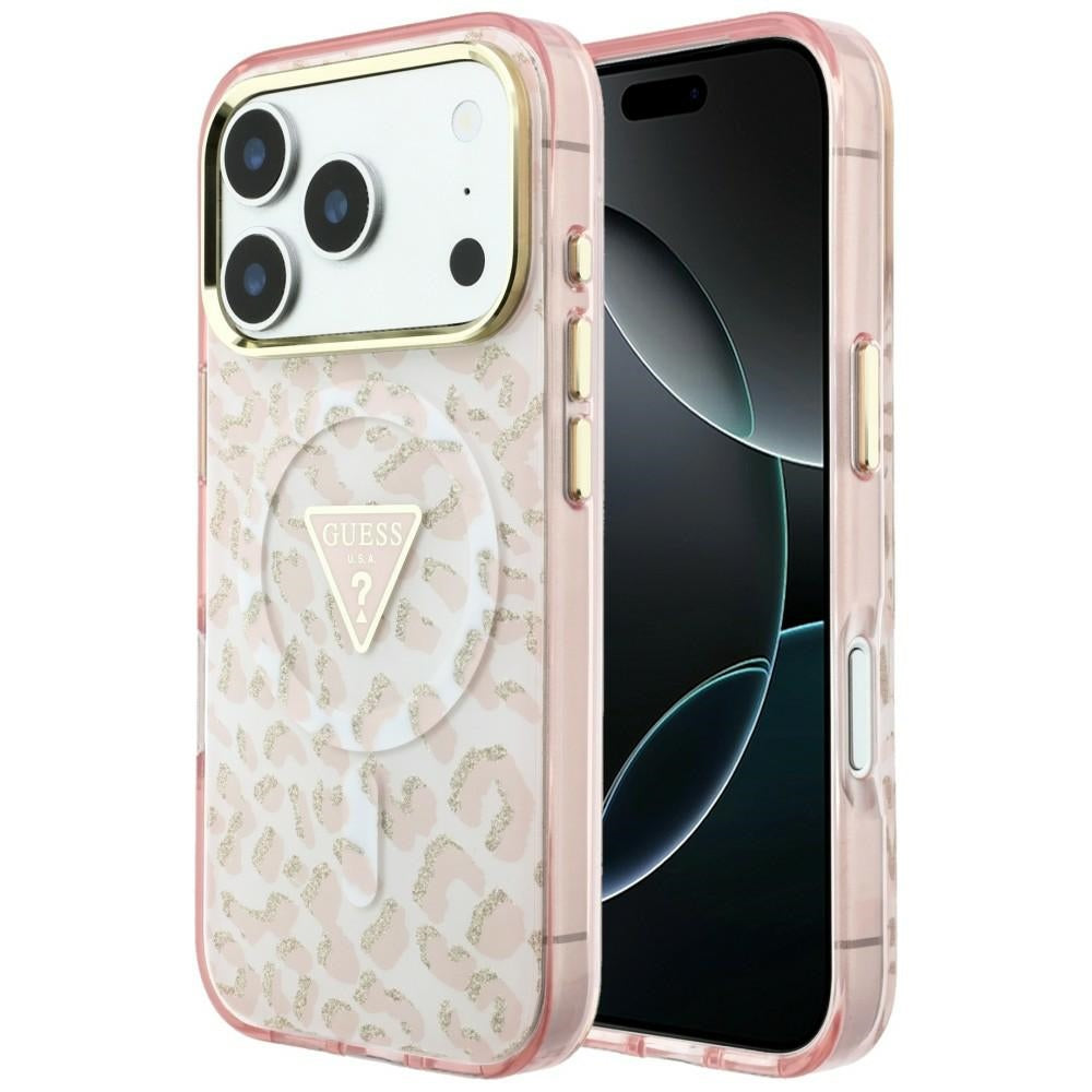Guess IML Leopard Glitter Triangle Logo MagSafe dėklas iPhone 17 Pro Max / 18 Pro Max - Rožinė -- iPhone 17 Pro Max /...