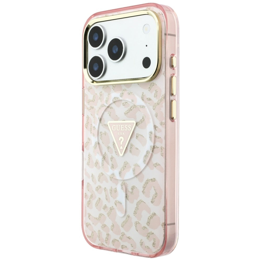 Guess IML Leopard Glitter Triangle Logo MagSafe dėklas iPhone 17 Pro Max / 18 Pro Max - Rožinė -- iPhone 17 Pro Max /...