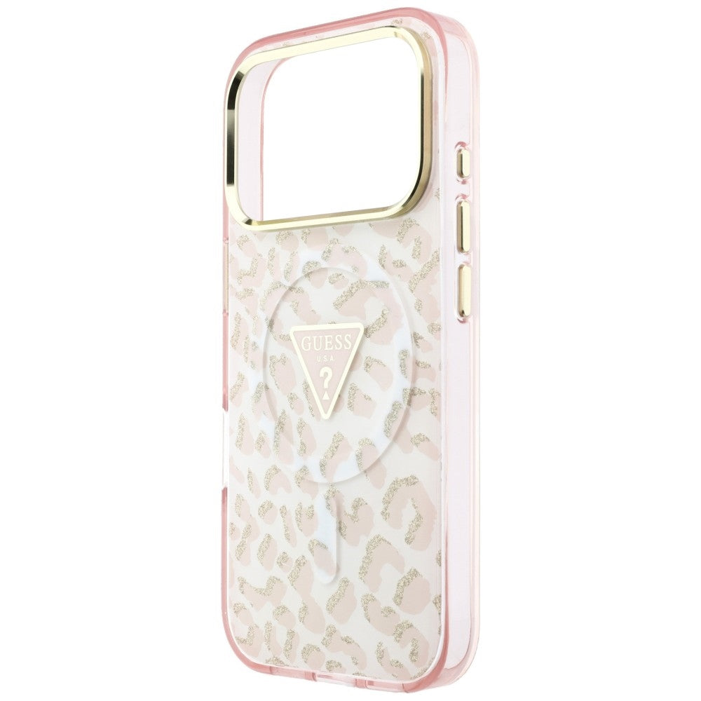 Guess IML Leopard Glitter Triangle Logo MagSafe dėklas iPhone 17 Pro Max / 18 Pro Max - Rožinė -- iPhone 17 Pro Max /...