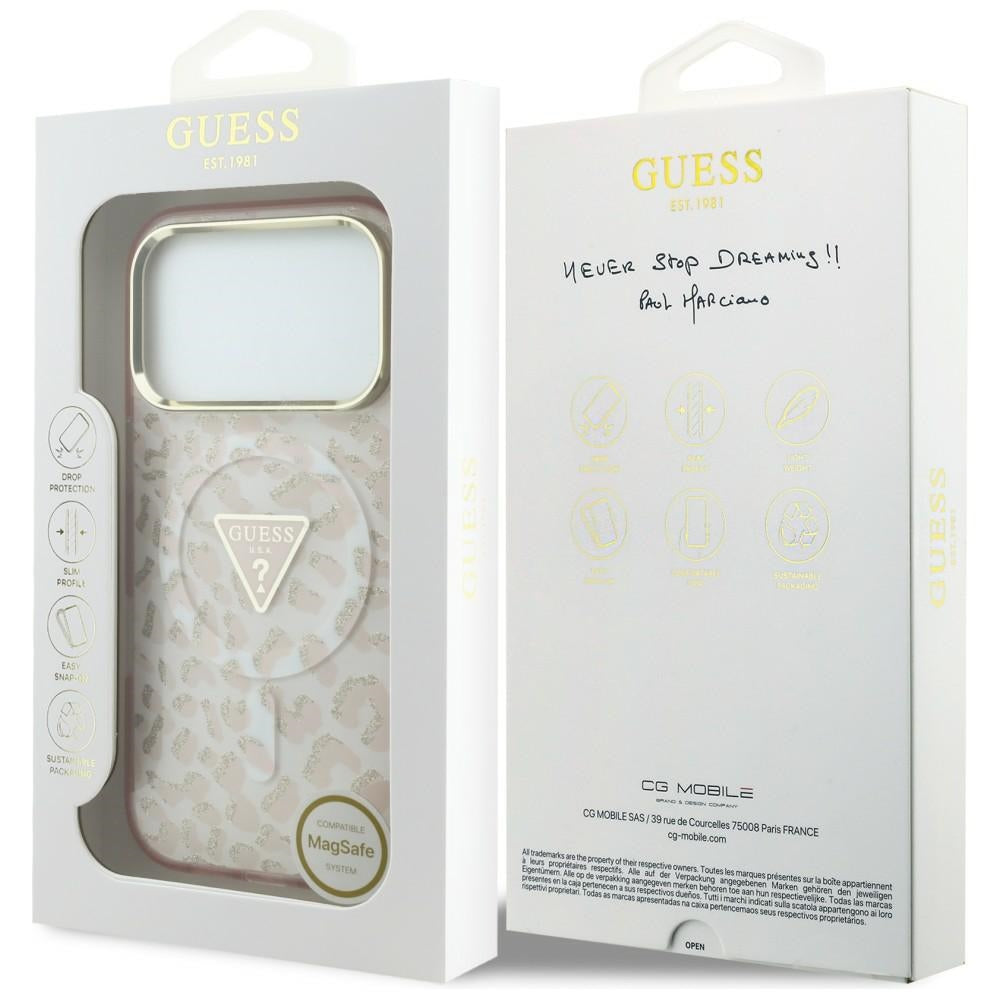 Guess IML Leopard Glitter Triangle Logo MagSafe dėklas iPhone 17 Pro Max / 18 Pro Max - Rožinė -- iPhone 17 Pro Max /...
