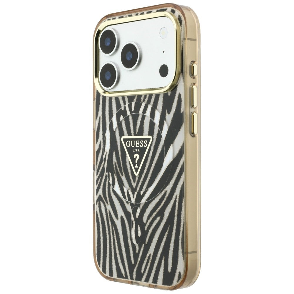 Guess IML Zebra Glitter Triangle Logo MagSafe iPhone 17 Pro / 18 Pro Case - Gold -- iPhone 17 Pro / iPhone 18 Pro
