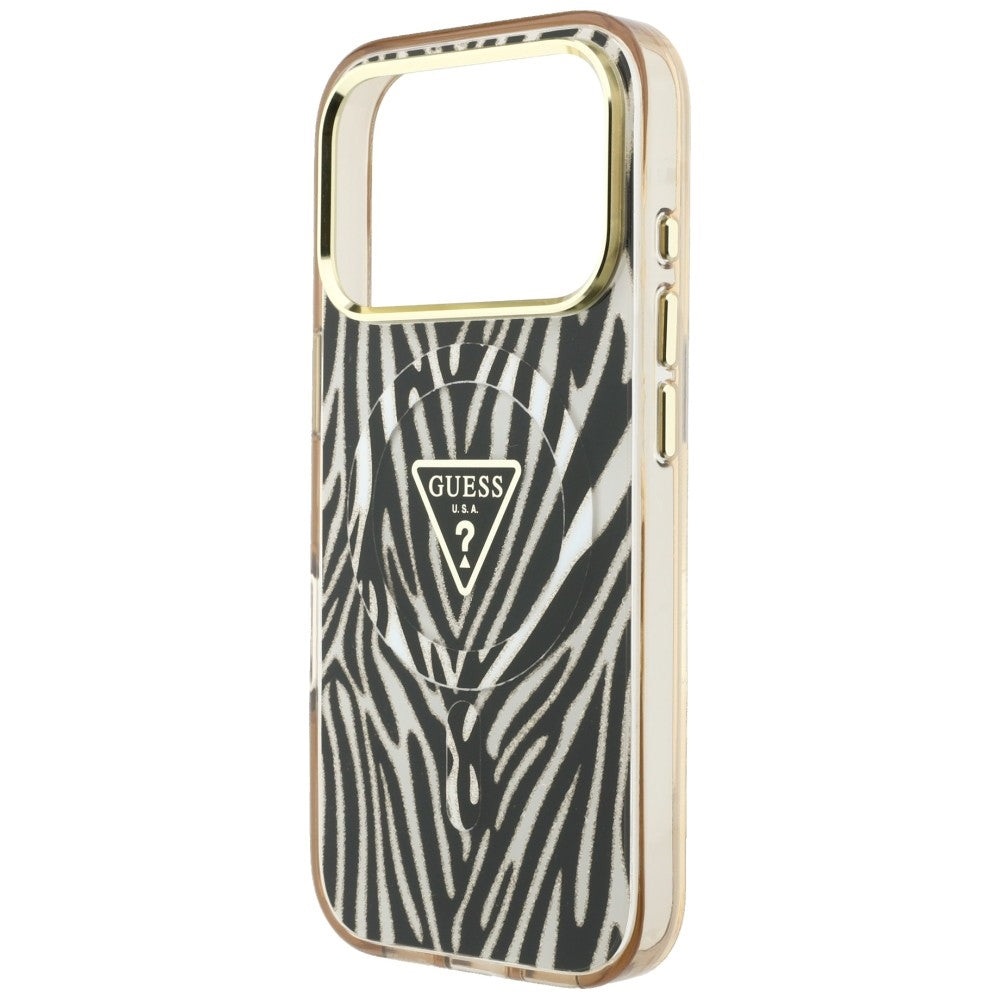 Guess IML Zebra Glitter Triangle Logo MagSafe iPhone 17 Pro / 18 Pro Case - Gold -- iPhone 17 Pro / iPhone 18 Pro