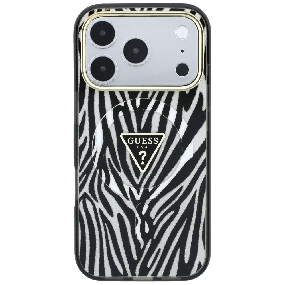 Guess IML Zebra Glitter Triangle Logo MagSafe dėklas skirtas iPhone 17 Pro Max / 18 Pro Max - Sidabrinė -- iPhone 17 Pro...