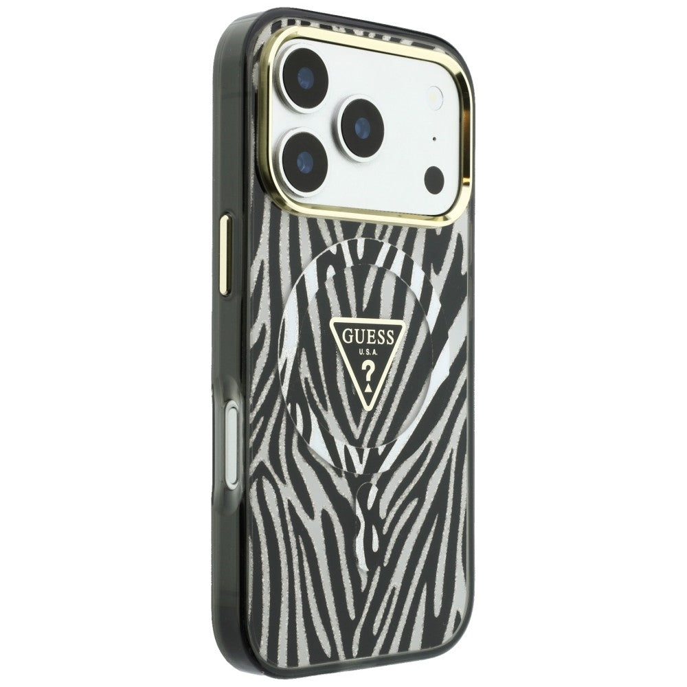 Guess IML Zebra Glitter Triangle Logo MagSafe dėklas skirtas iPhone 17 Pro Max / 18 Pro Max - Sidabrinė -- iPhone 17 Pro...