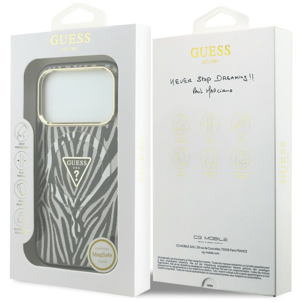 Guess IML Zebra Glitter Triangle Logo MagSafe dėklas skirtas iPhone 17 Pro Max / 18 Pro Max - Sidabrinė -- iPhone 17 Pro...