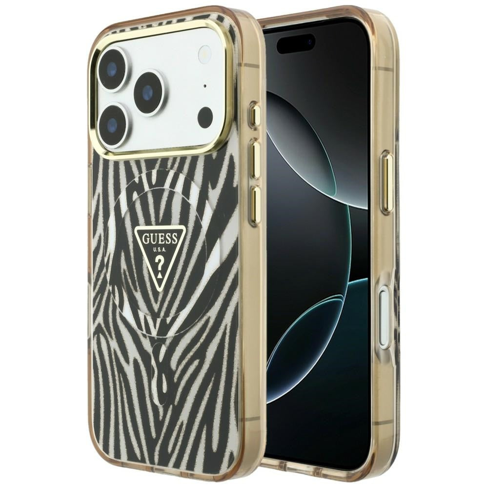Guess IML Zebra Glitter Triangle Logo MagSafe dėklas skirtas iPhone 17 Pro Max / 18 Pro Max - Auksinė -- iPhone 17 Pro...