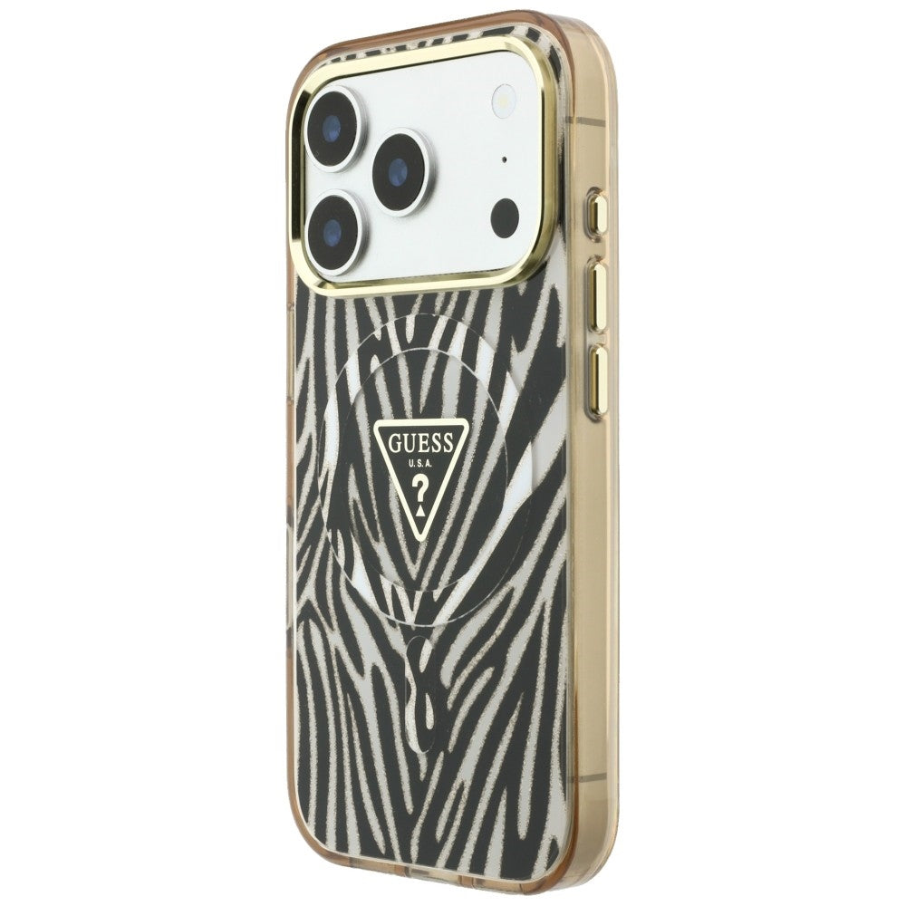 Guess IML Zebra Glitter Triangle Logo MagSafe dėklas skirtas iPhone 17 Pro Max / 18 Pro Max - Auksinė -- iPhone 17 Pro...