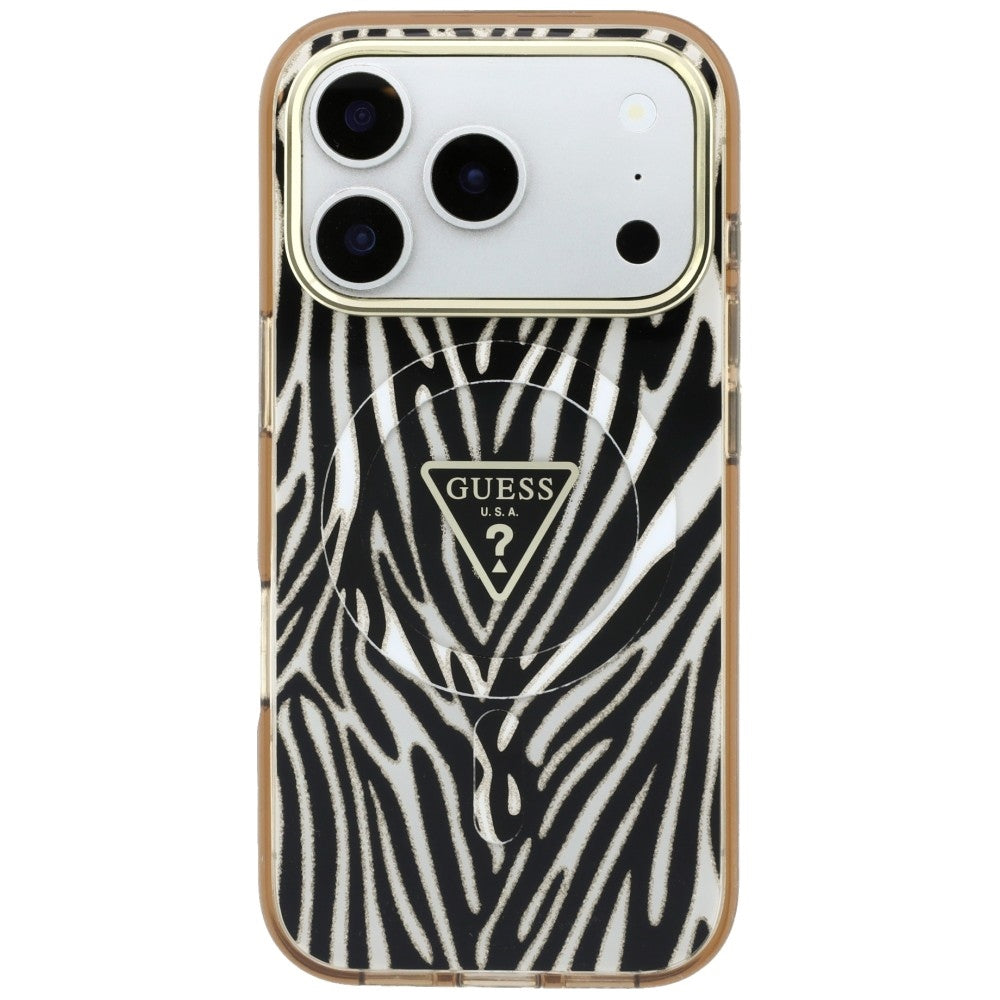 Guess IML Zebra Glitter Triangle Logo MagSafe dėklas skirtas iPhone 17 Pro Max / 18 Pro Max - Auksinė -- iPhone 17 Pro...