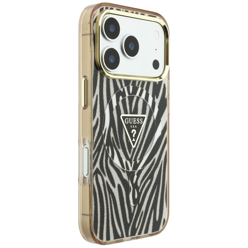 Guess IML Zebra Glitter Triangle Logo MagSafe dėklas skirtas iPhone 17 Pro Max / 18 Pro Max - Auksinė -- iPhone 17 Pro...