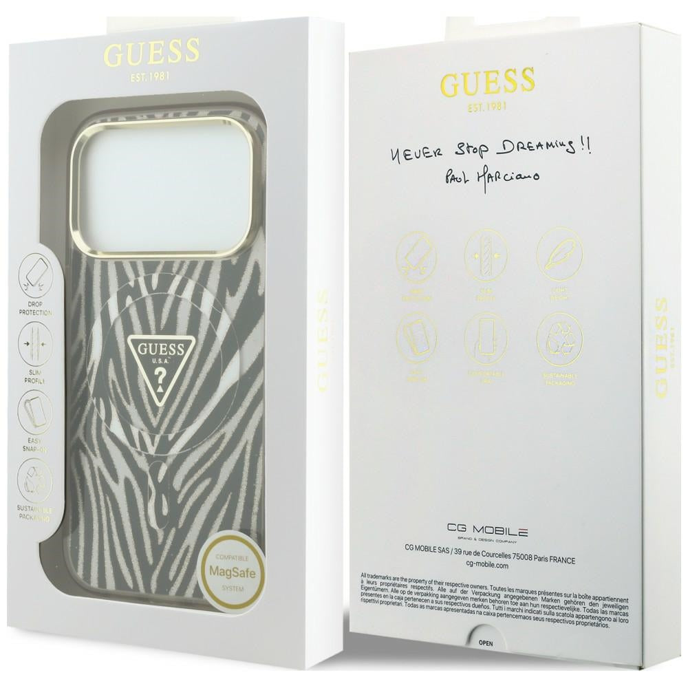 Guess IML Zebra Glitter Triangle Logo MagSafe dėklas skirtas iPhone 17 Pro Max / 18 Pro Max - Auksinė -- iPhone 17 Pro...