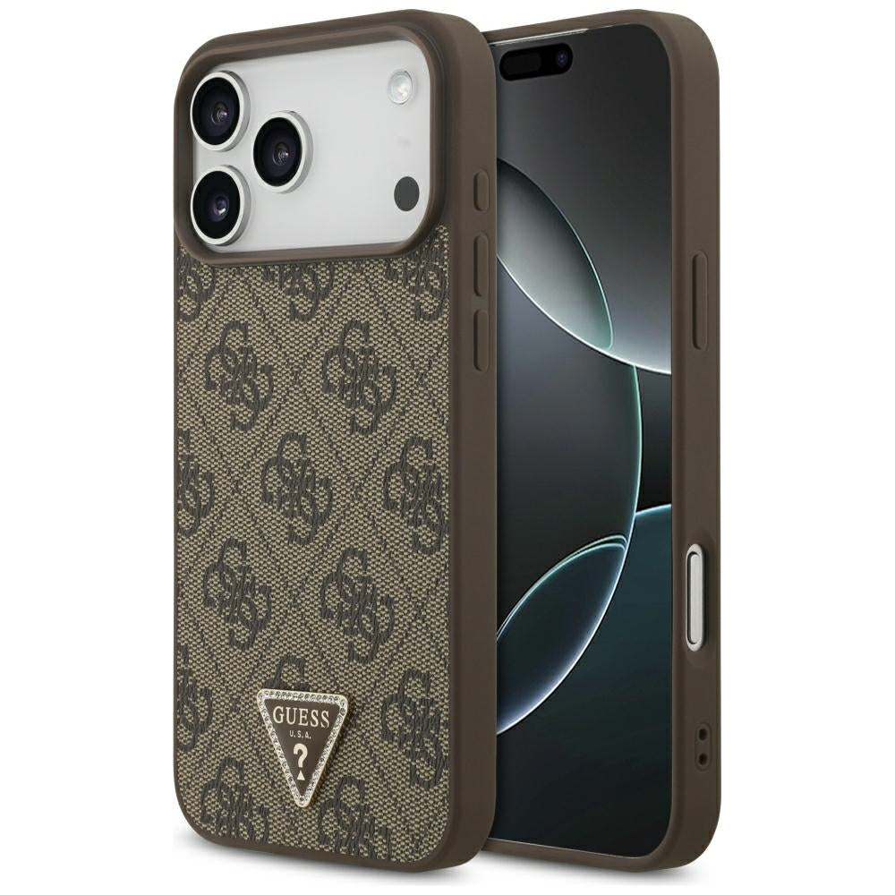 Guess Leather 4G Triangle Strass MagSafe dėklas skirtas iPhone 17 Pro Max / 18 Pro Max - Ruda -- iPhone 17 Pro Max /...