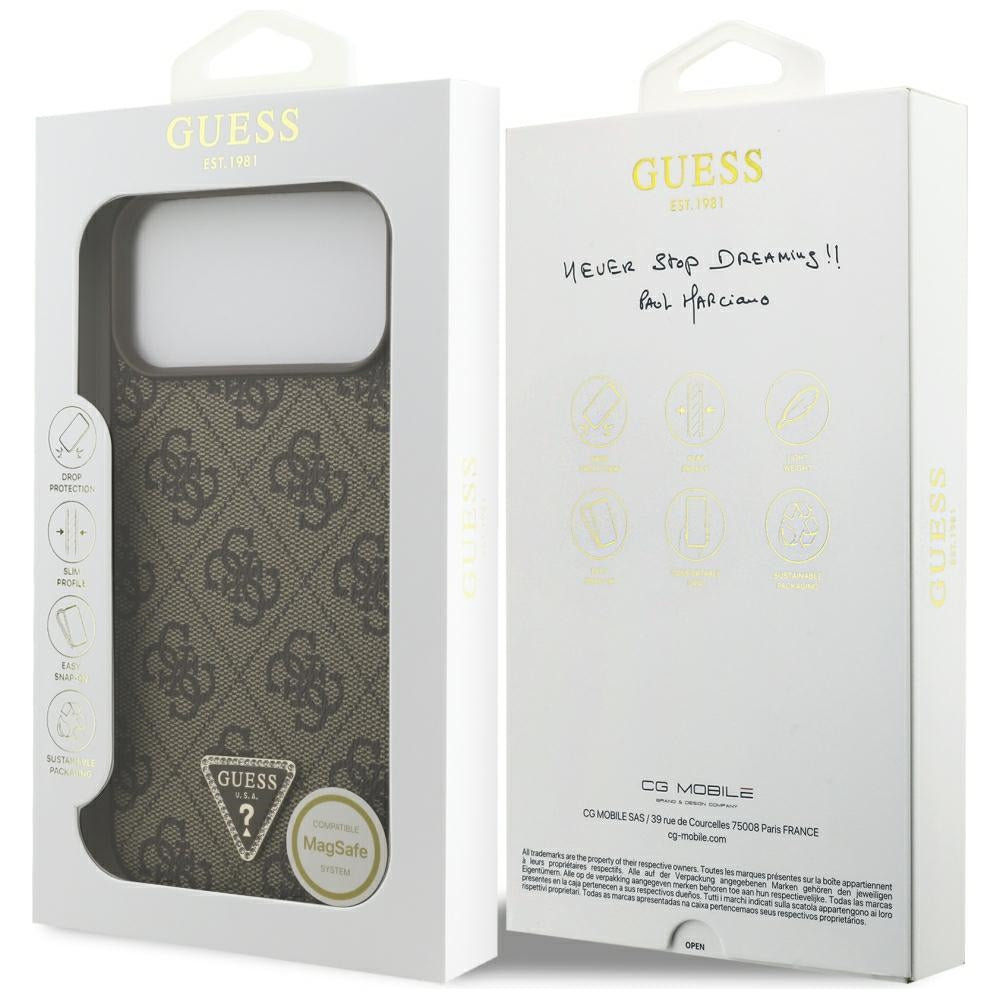 Guess Leather 4G Triangle Strass MagSafe dėklas skirtas iPhone 17 Pro Max / 18 Pro Max - Ruda -- iPhone 17 Pro Max /...