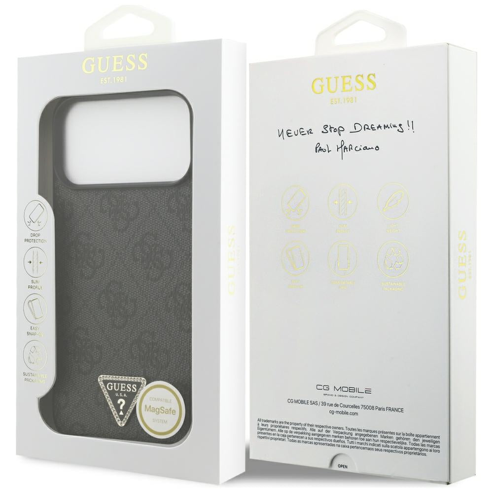 Guess Leather 4G Triangle Strass MagSafe dėklas skirtas iPhone 17 Pro Max / 18 Pro Max - Juoda -- iPhone 17 Pro Max /...