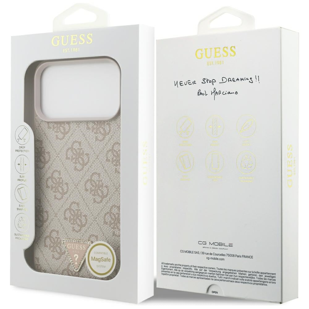 Guess Leather 4G Triangle Strass MagSafe dėklas skirtas iPhone 17 Pro Max / 18 Pro Max - Rožinė -- iPhone 17 Pro Max /...