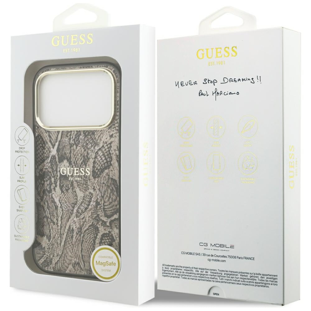 Guess Pytono Rašto MagSafe dėklas iPhone 17 Pro Max / 18 Pro Max - ruda -- iPhone 17 Pro Max / iPhone 18 Pro Max