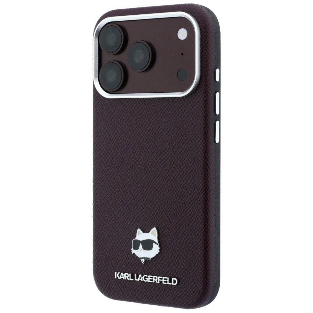Karl Lagerfeld Grained Choupette Head Metal MagSafe dėklas iPhone 17 Pro / 18 Pro - Bordo -- iPhone 17 Pro / iPhone 18 Pro