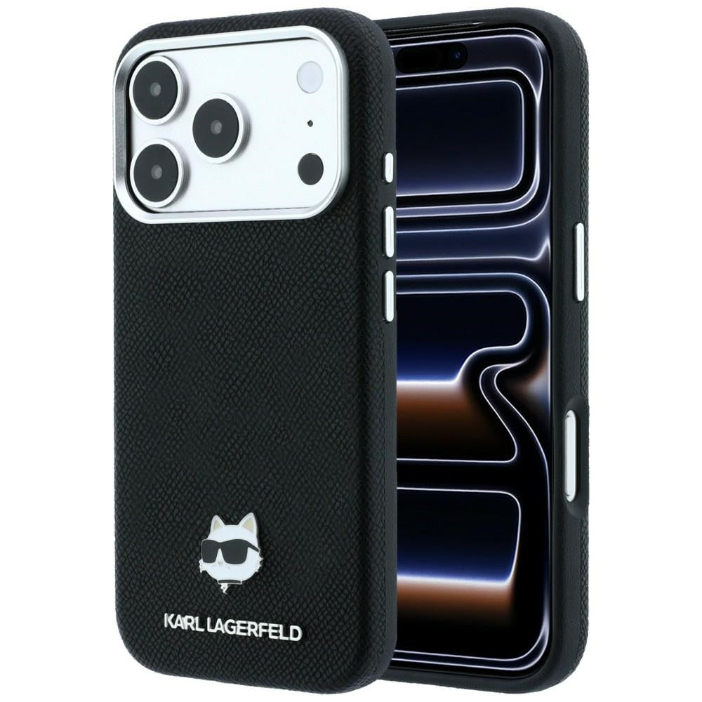 Karl Lagerfeld Grained Choupette Head Metal MagSafe dėklas iPhone 17 Pro / 18 Pro - Juoda -- iPhone 17 Pro / iPhone 18 Pro
