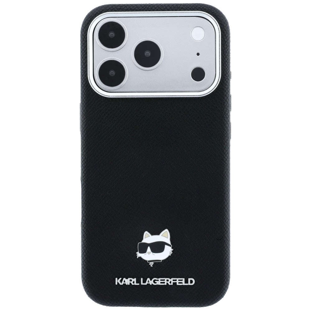 Karl Lagerfeld Grained Choupette Head Metal MagSafe dėklas iPhone 17 Pro / 18 Pro - Juoda -- iPhone 17 Pro / iPhone 18 Pro