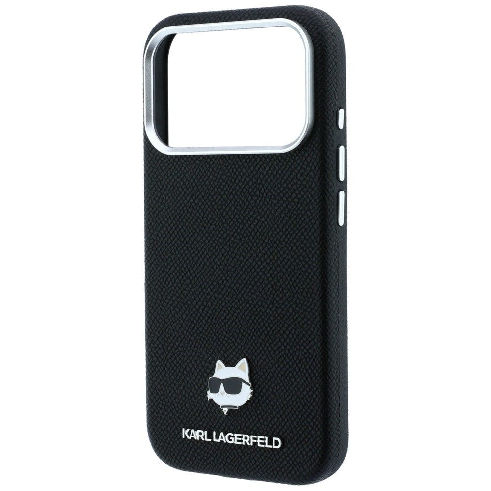 Karl Lagerfeld Grained Choupette Head Metal MagSafe dėklas iPhone 17 Pro / 18 Pro - Juoda -- iPhone 17 Pro / iPhone 18 Pro