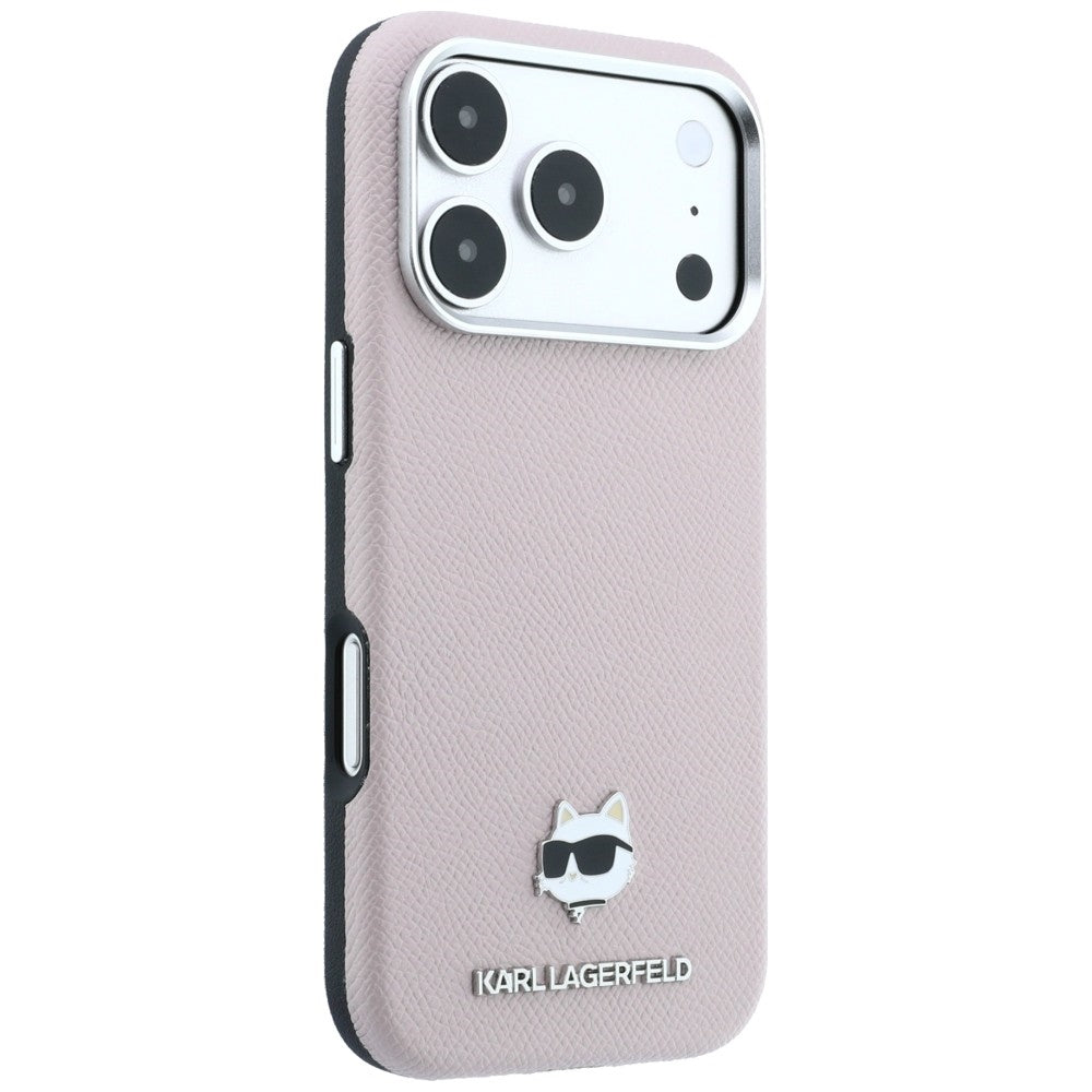 Karl Lagerfeld Grained Choupette Head Metal MagSafe dėklas iPhone 17 Pro / 18 Pro - Rožinė -- iPhone 17 Pro / iPhone 18 Pro