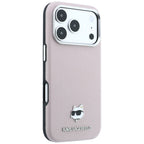 Karl Lagerfeld Grained Choupette Head Metal MagSafe dėklas iPhone 17 Pro / 18 Pro - Rožinė -- iPhone 17 Pro / iPhone 18 Pro