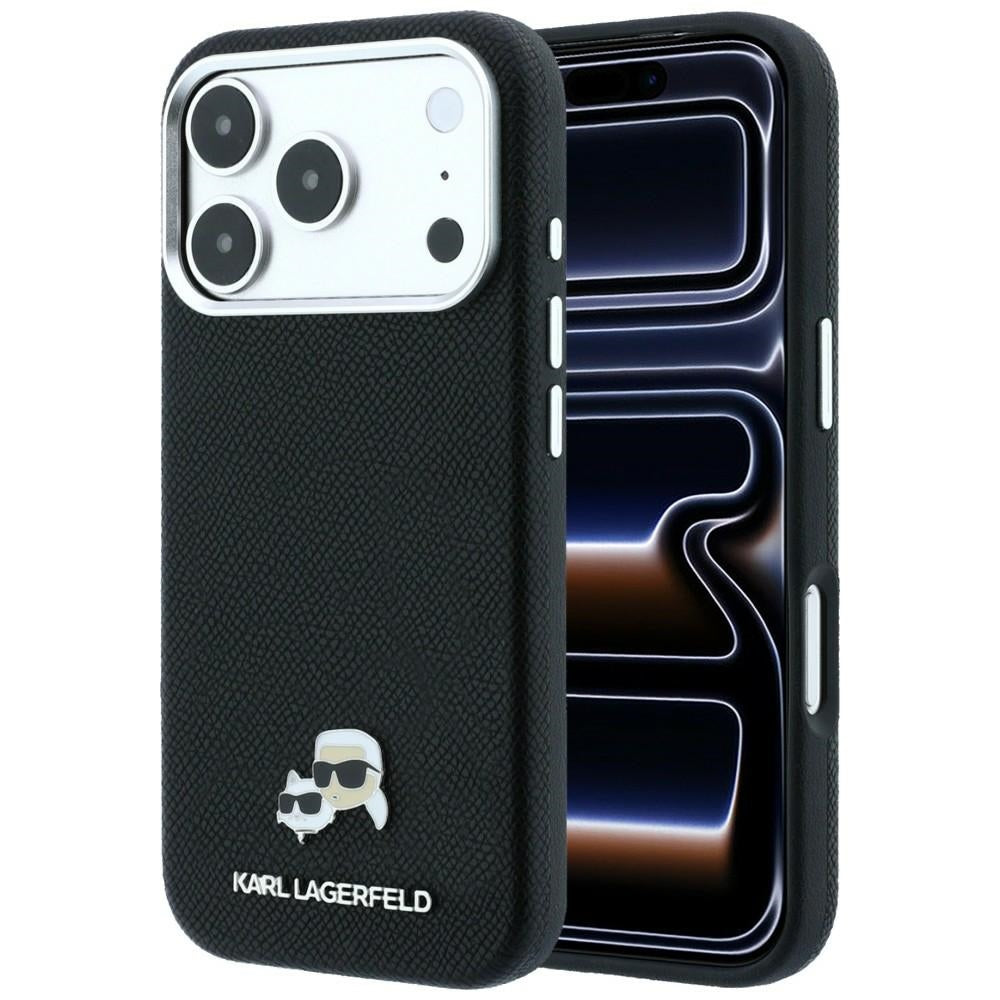 Karl Lagerfeld tekstūrinto galvų metalinis MagSafe dėklas iPhone 17 Pro / 18 Pro - juodas -- iPhone 17 Pro / iPhone 18 Pro