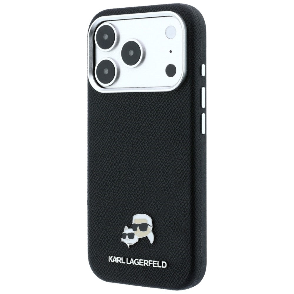 Karl Lagerfeld tekstūrinto galvų metalinis MagSafe dėklas iPhone 17 Pro / 18 Pro - juodas -- iPhone 17 Pro / iPhone 18 Pro