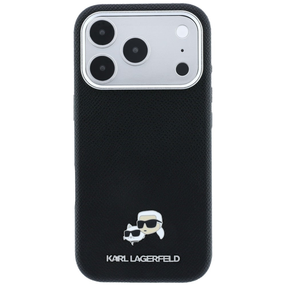Karl Lagerfeld tekstūrinto galvų metalinis MagSafe dėklas iPhone 17 Pro / 18 Pro - juodas -- iPhone 17 Pro / iPhone 18 Pro