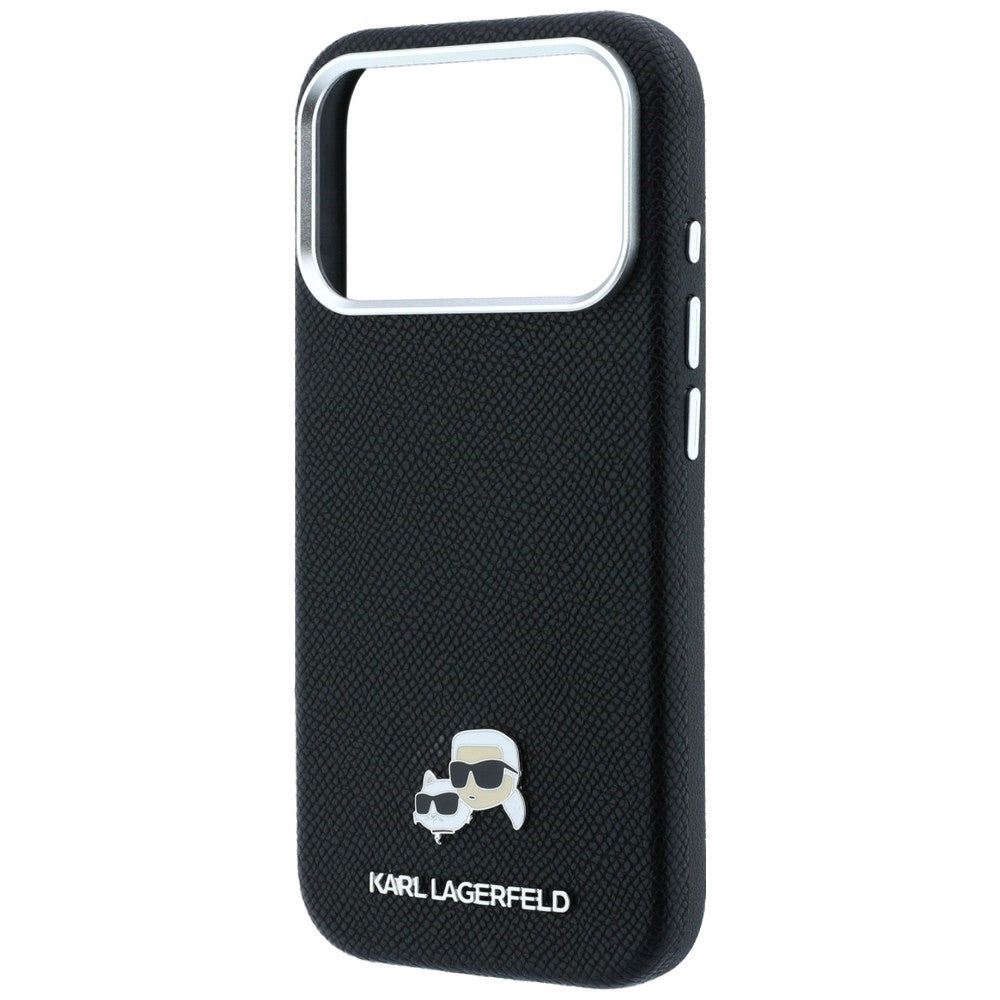 Karl Lagerfeld tekstūrinto galvų metalinis MagSafe dėklas iPhone 17 Pro / 18 Pro - juodas -- iPhone 17 Pro / iPhone 18 Pro