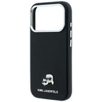 Karl Lagerfeld tekstūrinto galvų metalinis MagSafe dėklas iPhone 17 Pro / 18 Pro - juodas -- iPhone 17 Pro / iPhone 18 Pro